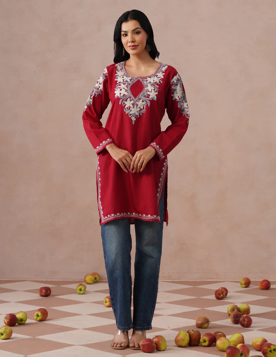 Blush Maroon Cotton Kurti – Grey & White Aari Embroidery | Office Ethnic Wear