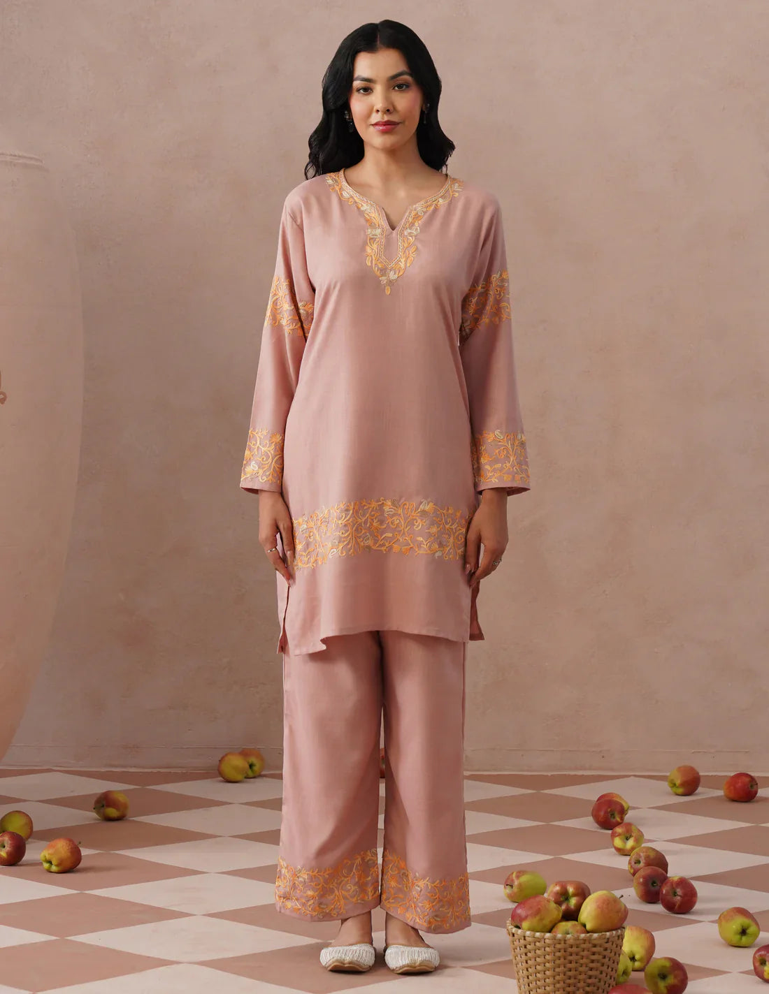 Dusky Pink Cotton Coordset – Green & Golden Aari Embroidery | Office & Casual Ethnic Wear