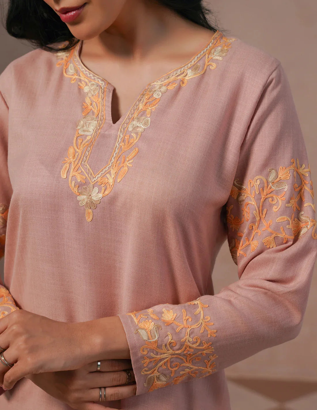 Dusky Pink Cotton Coordset – Green & Golden Aari Embroidery | Office & Casual Ethnic Wear