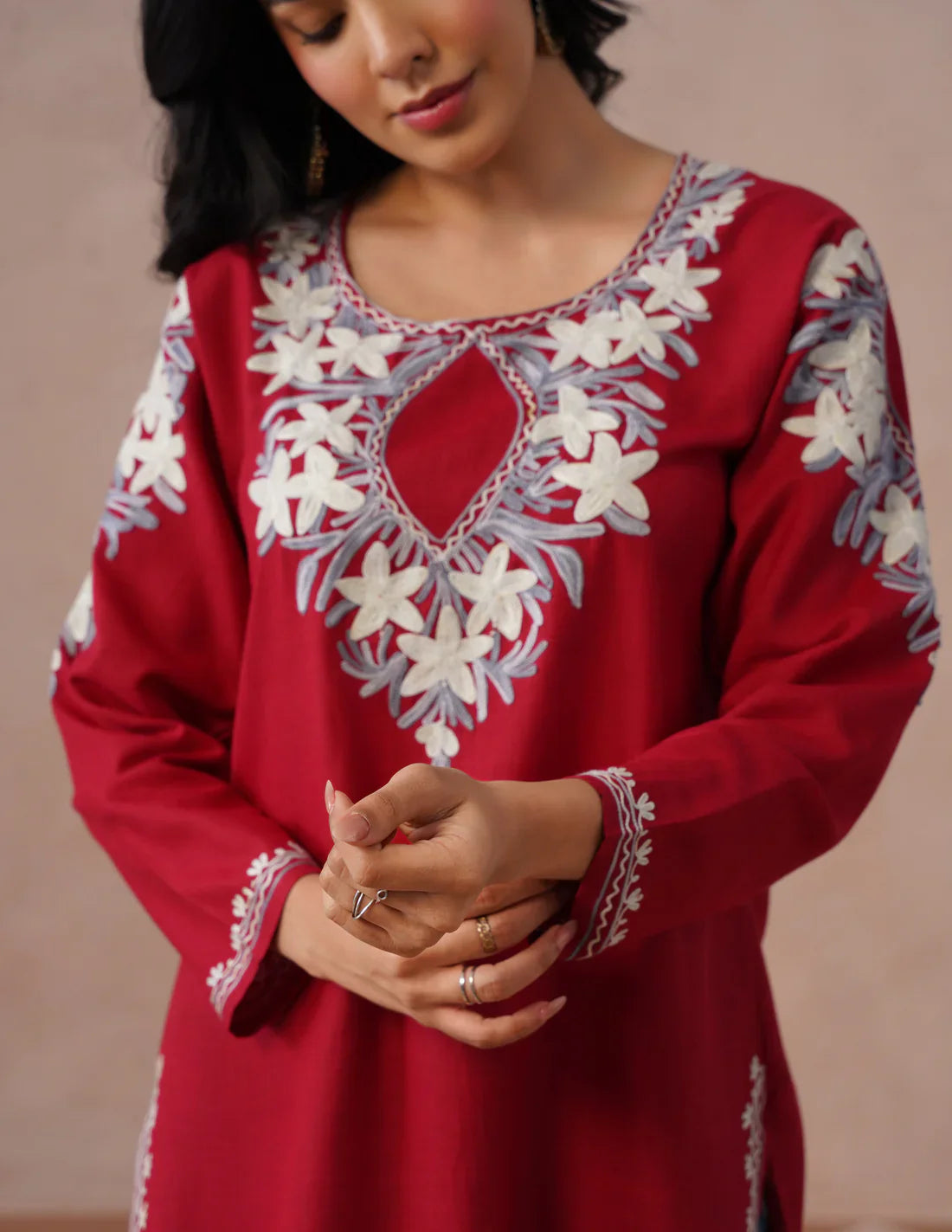 Blush Maroon Cotton Kurti – Grey & White Aari Embroidery | Office Ethnic Wear