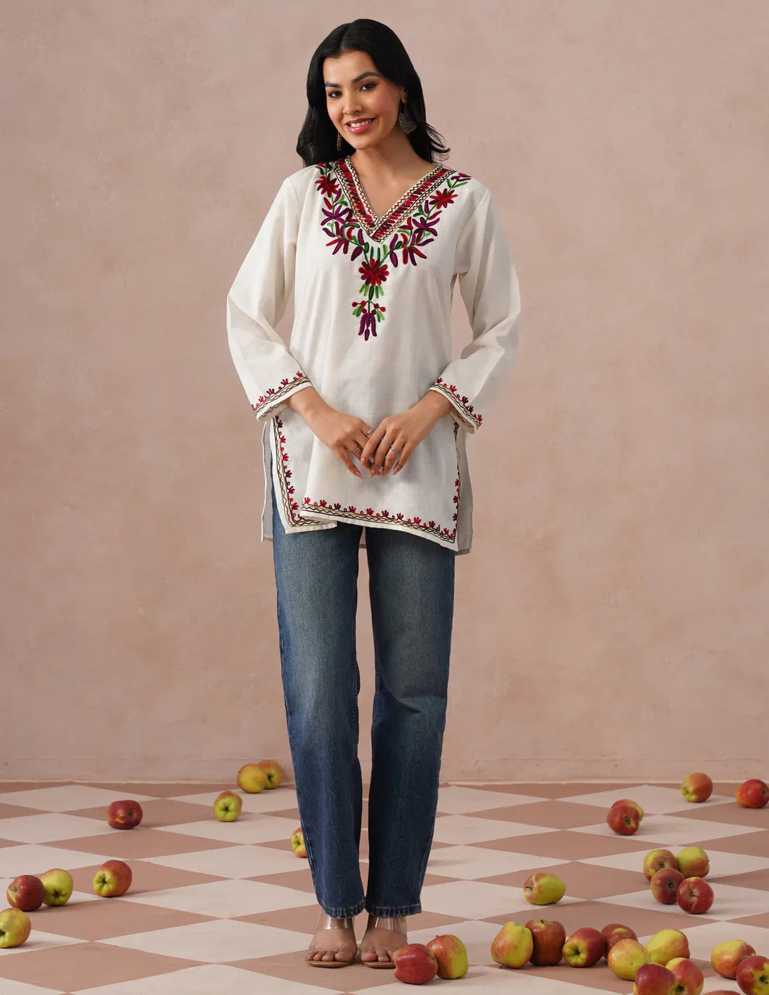 White Cotton Kurti – Vibrant Multicolor Aari Embroidery | Daily Ethnic Wear