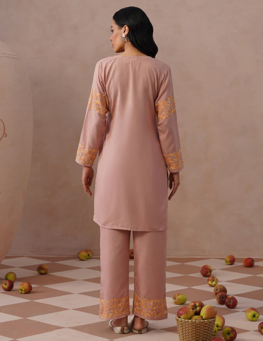 Dusky Pink Cotton Coordset – Green & Golden Aari Embroidery | Office & Casual Ethnic Wear