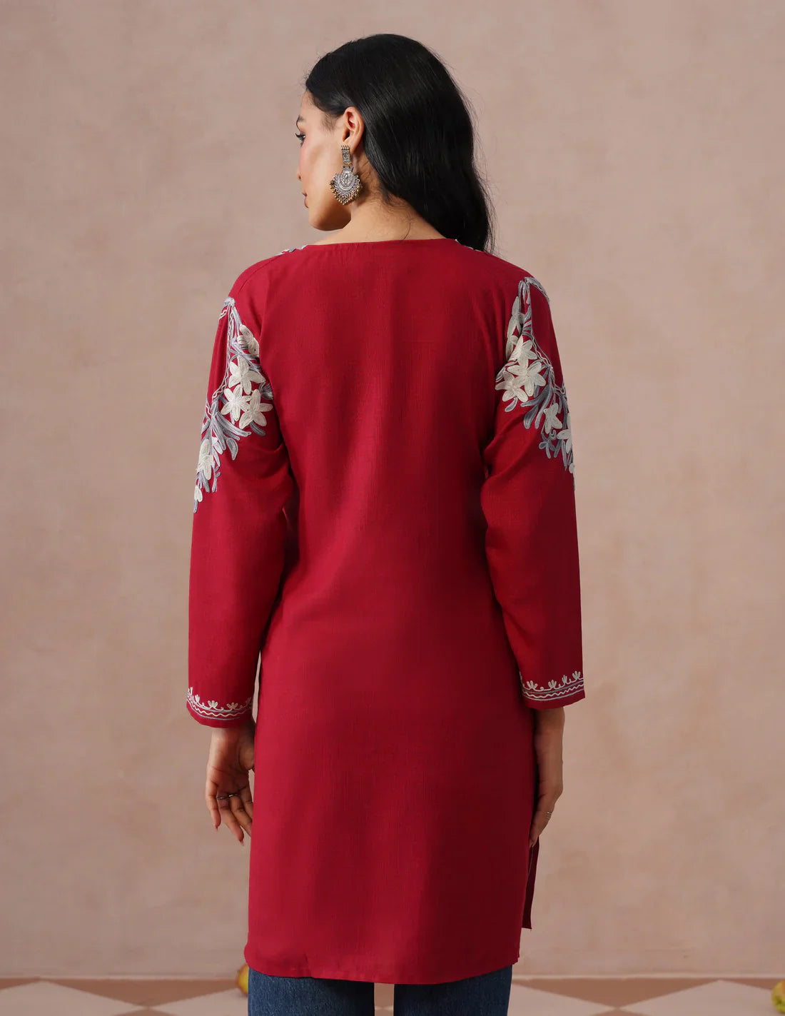 Blush Maroon Cotton Kurti – Grey & White Aari Embroidery | Office Ethnic Wear