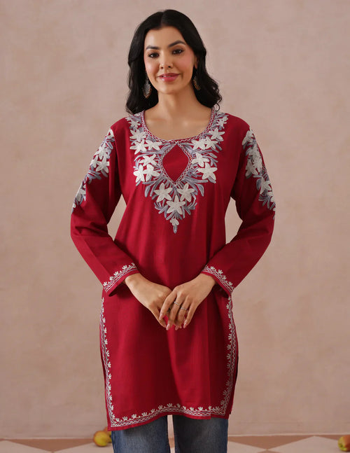 Blush Maroon Cotton Kurti – Grey & White Aari Embroidery | Office Ethnic Wear