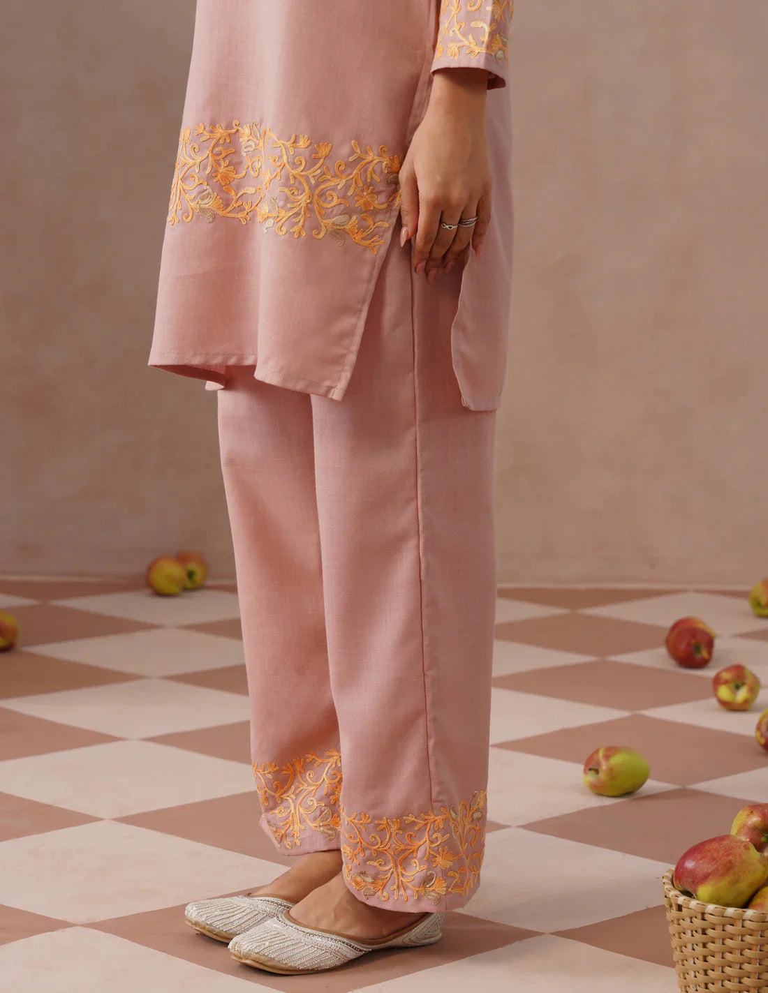 Dusky Pink Cotton Coordset – Green & Golden Aari Embroidery | Office & Casual Ethnic Wear