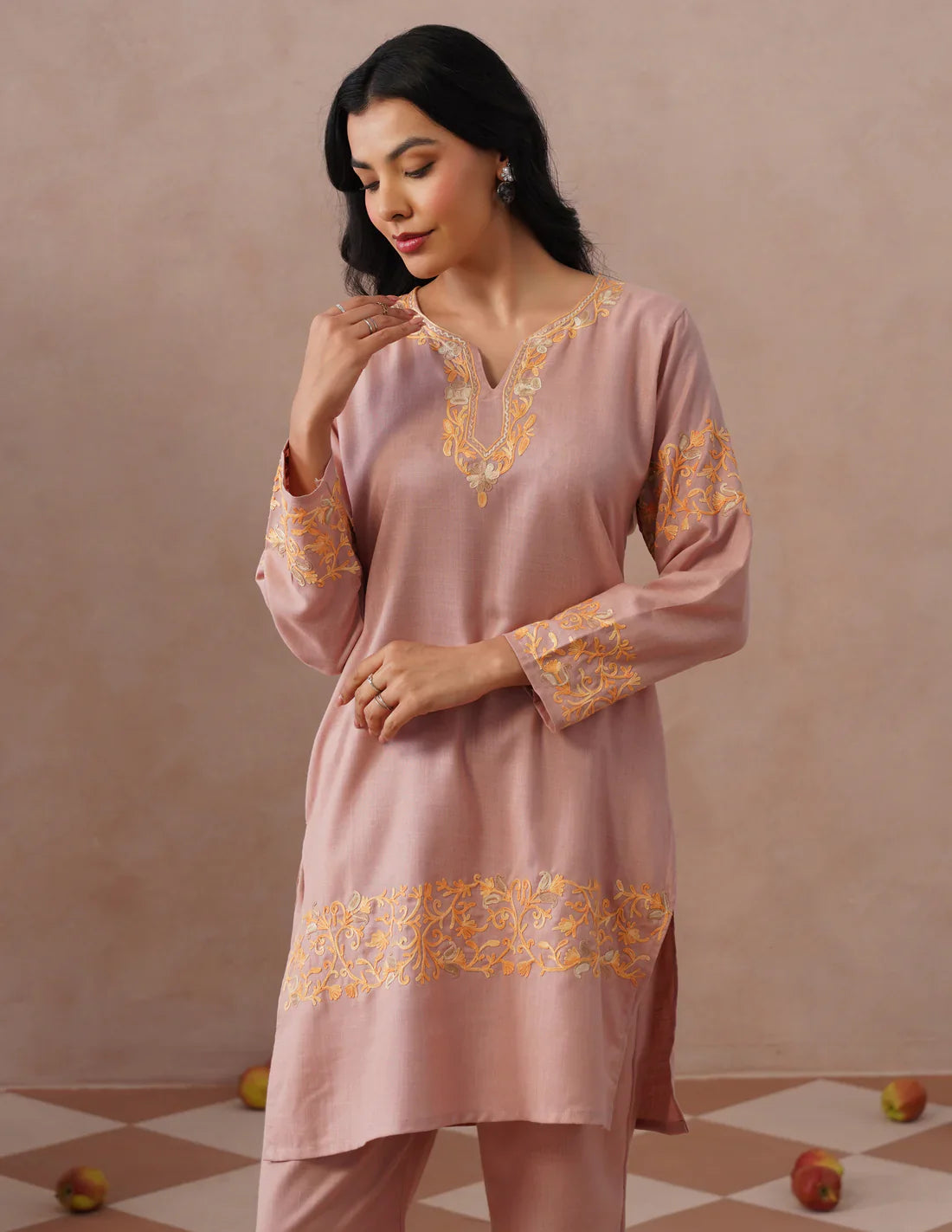 Dusky Pink Cotton Coordset – Green & Golden Aari Embroidery | Office & Casual Ethnic Wear