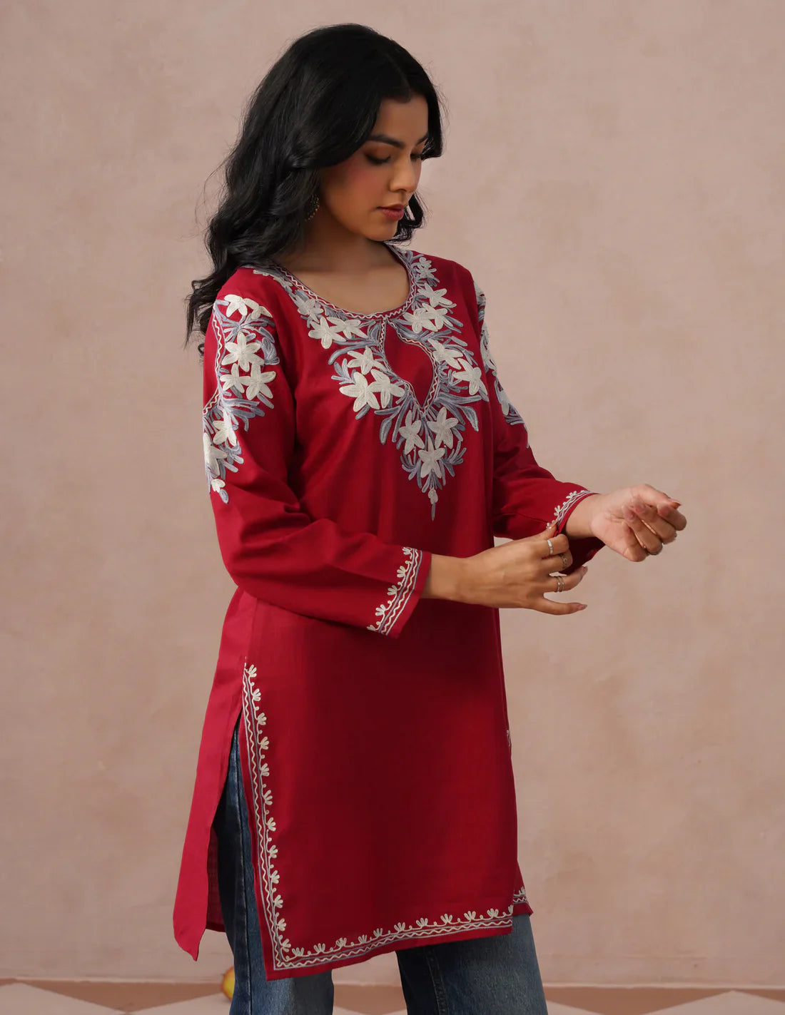 Blush Maroon Cotton Kurti – Grey & White Aari Embroidery | Office Ethnic Wear
