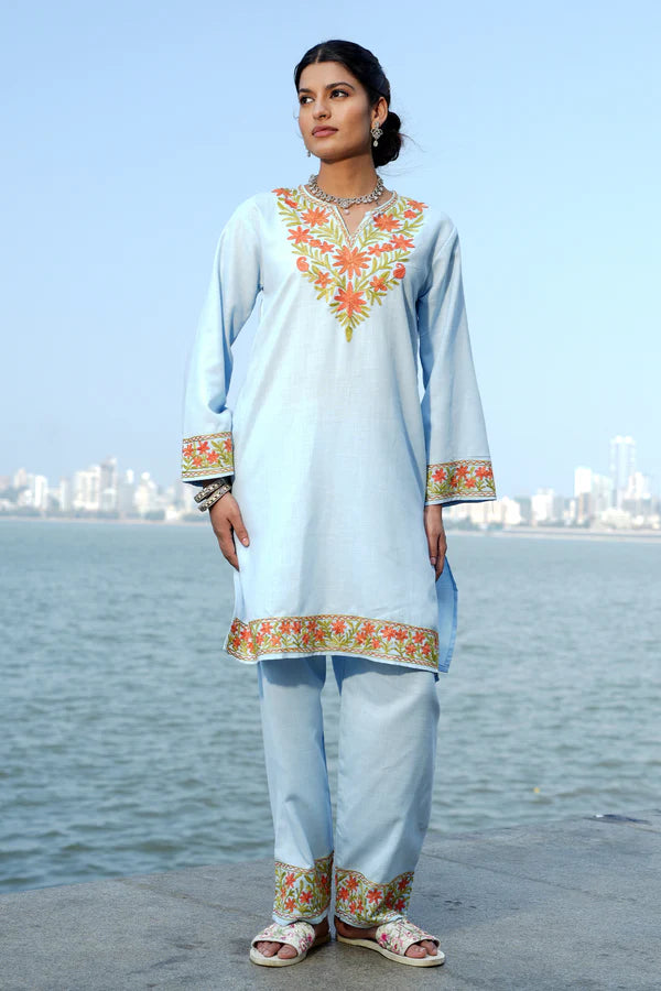 Cotton Kashmiri Aari Embroidered Kurta Set - Sky Blue