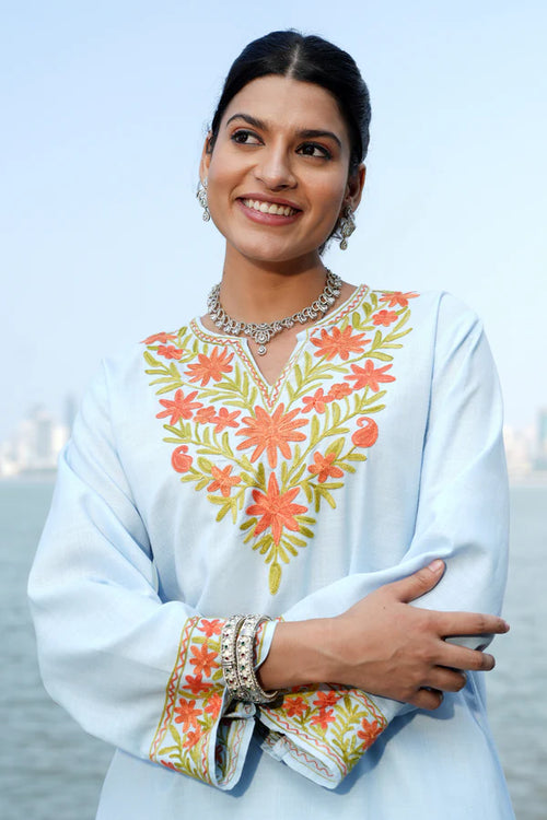 Cotton Kashmiri Aari Embroidered Kurta Set - Sky Blue
