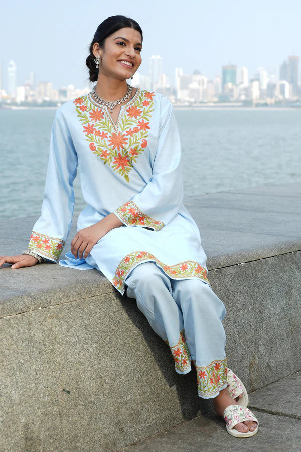 Cotton Kashmiri Aari Embroidered Kurta Set - Sky Blue